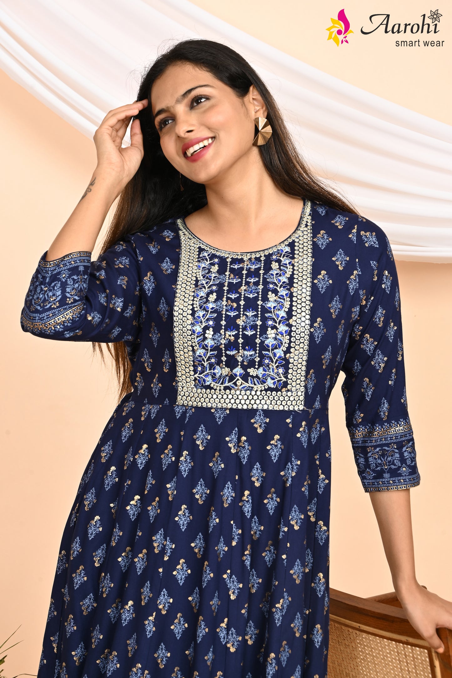 Blue Printed Flared Kurta – Style 8