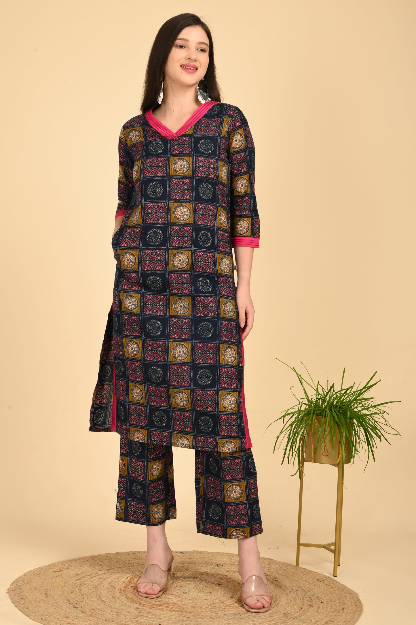 Navy Geometric Kurta Set – Style 1