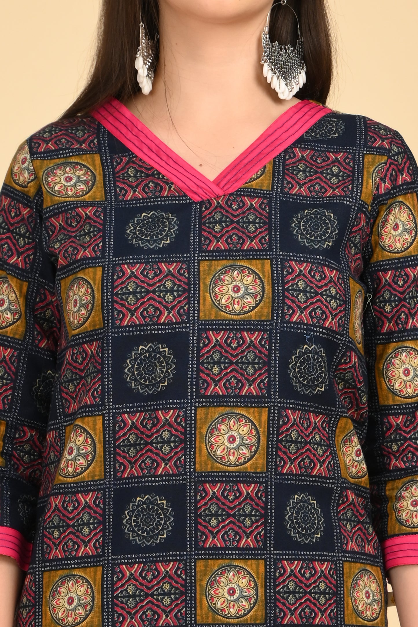 Navy Geometric Kurta Set – Style 1