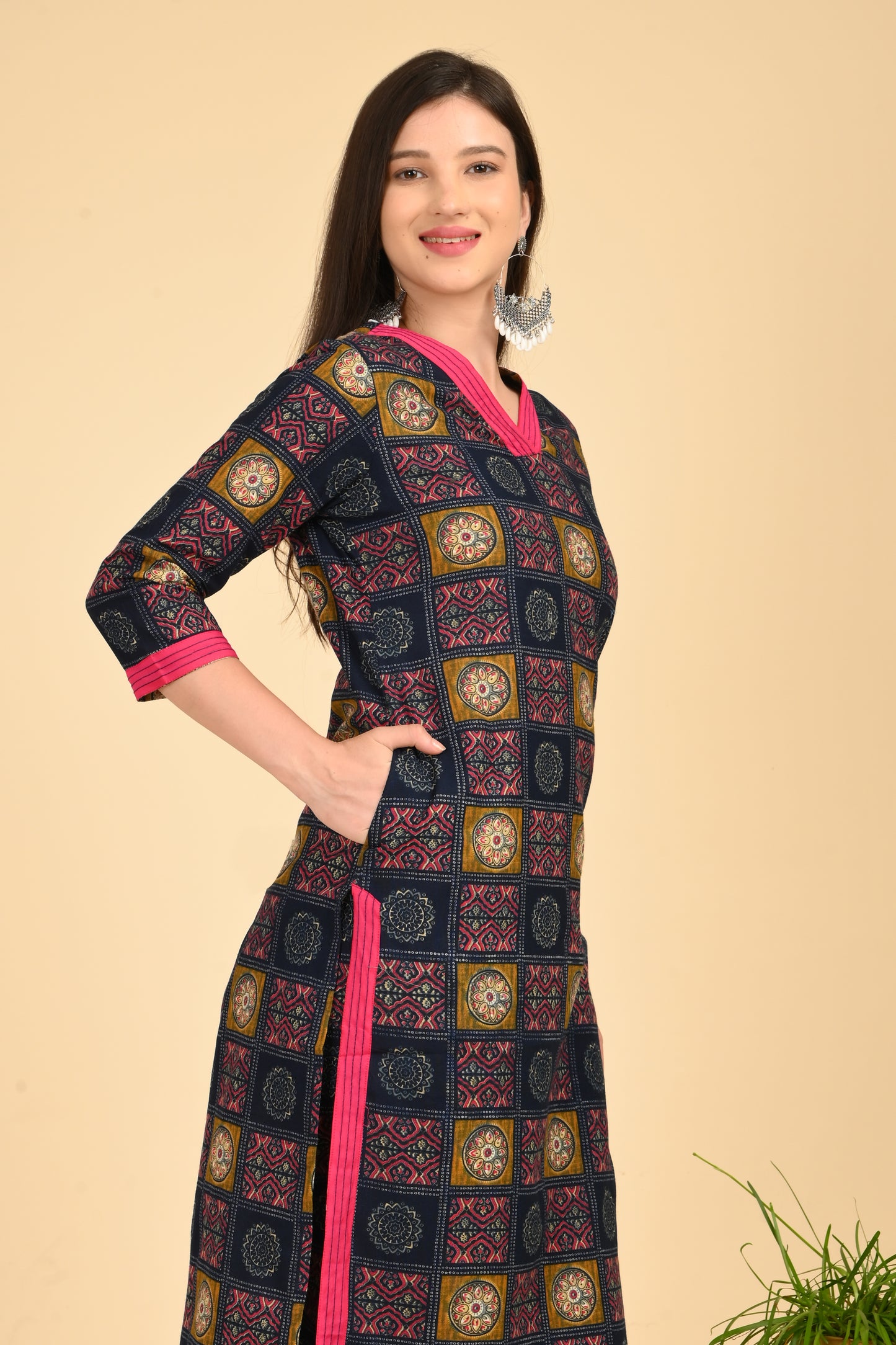 Navy Geometric Kurta Set – Style 1