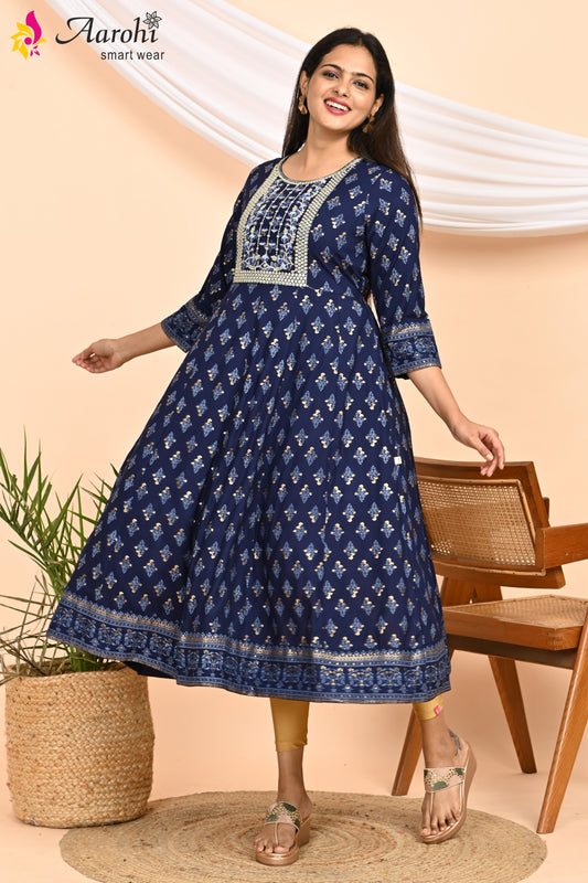Blue Printed Flared Kurta – Style 8