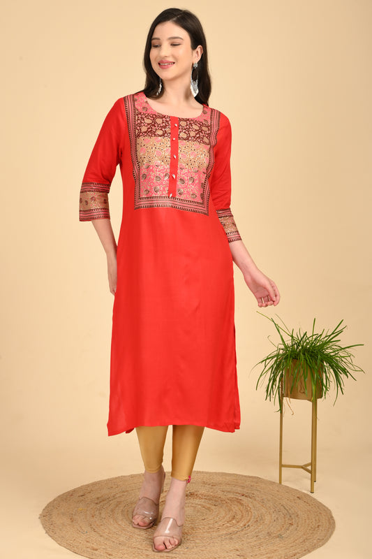 Red Printed Yoke Kurta – Style 6