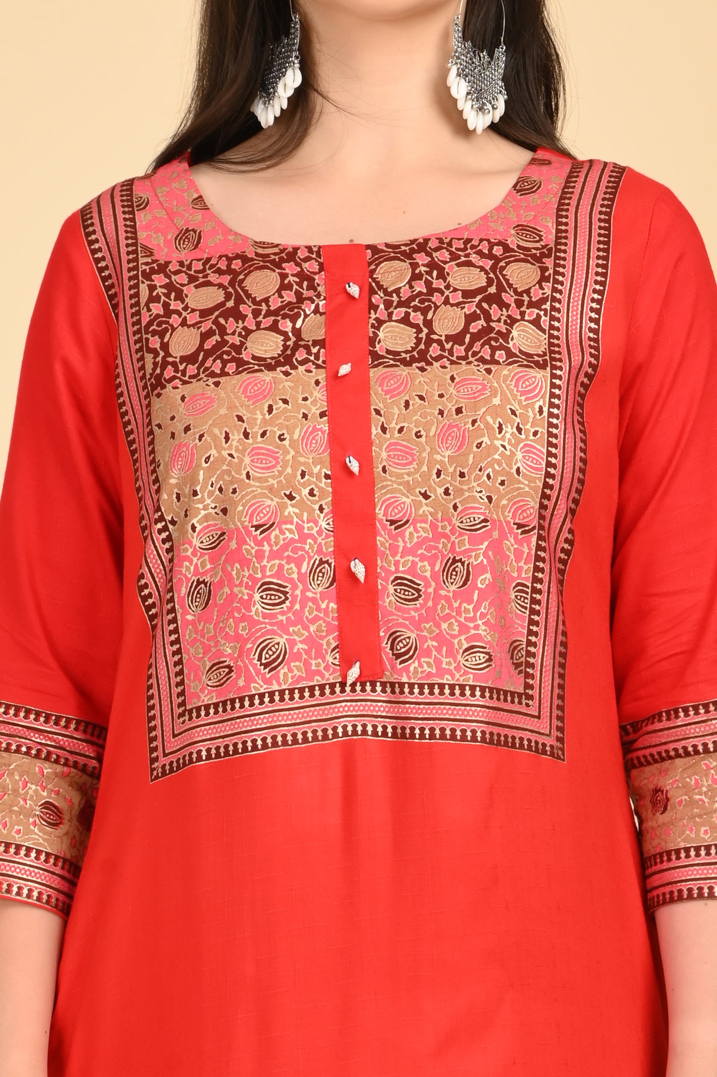 Red Printed Yoke Kurta – Style 6