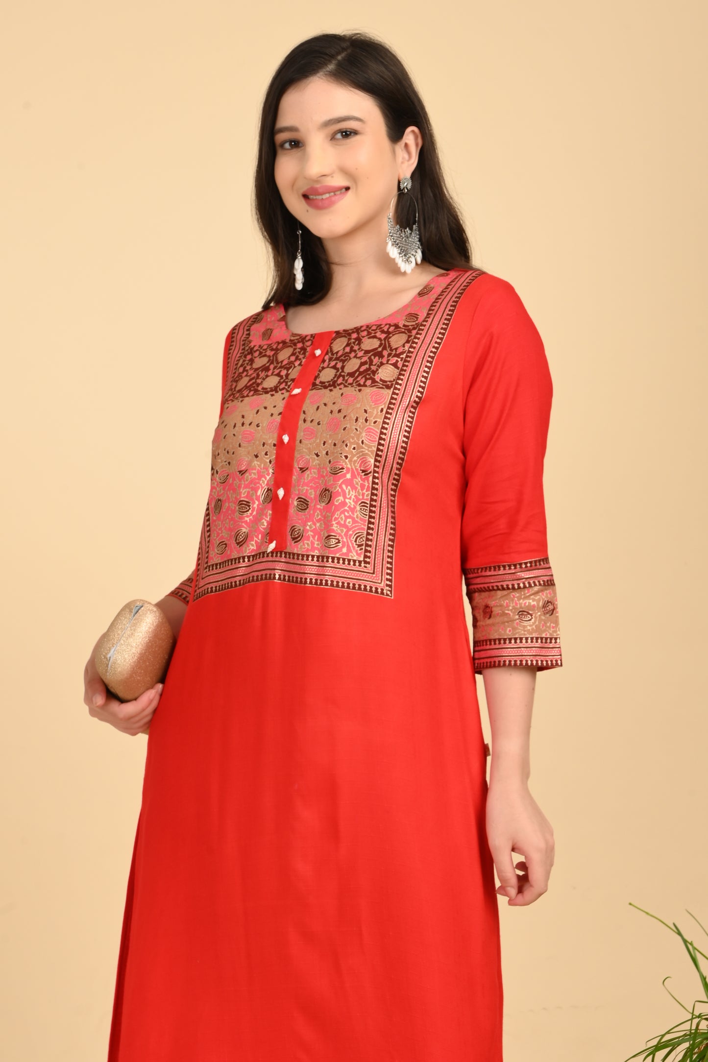 Red Printed Yoke Kurta – Style 6