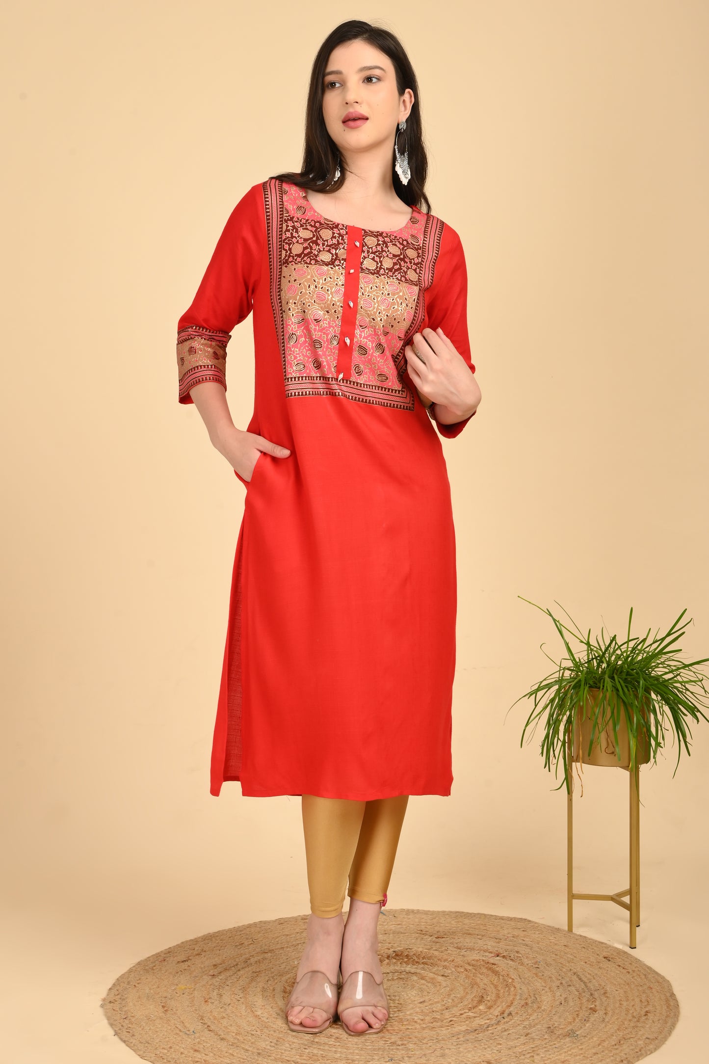 Red Printed Yoke Kurta – Style 6